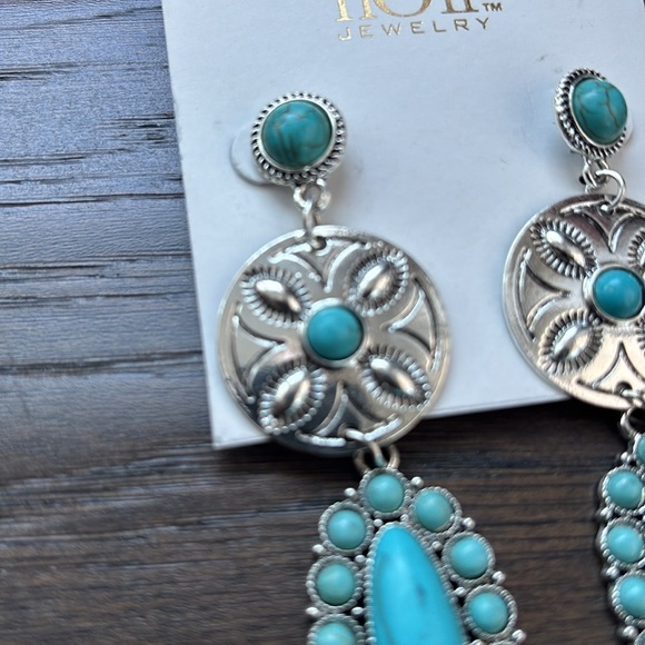 nOir Jewelery post drop earrings, silver tone sand dollar, turquoise faux stones - Picture 2 of 5
